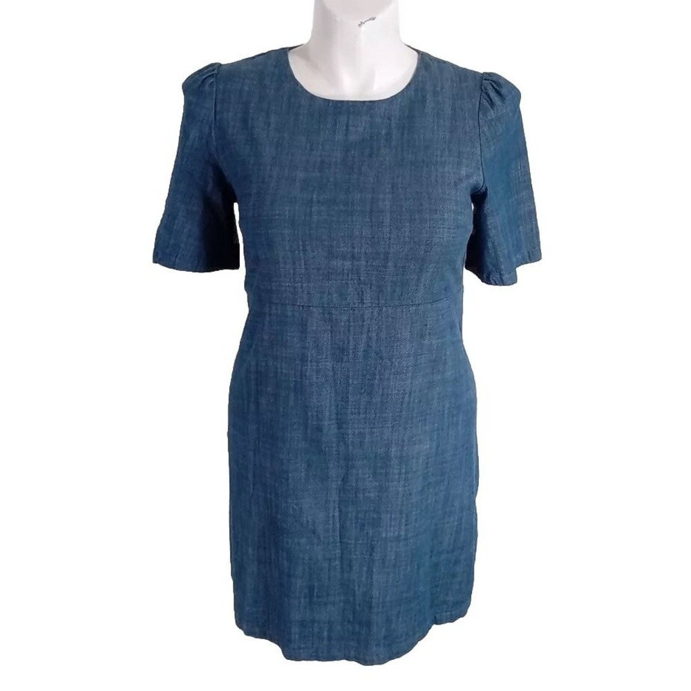 WAYF Dress LARGE Blue Denim Zipper Sheath Short Sleeve Knee Length Sheath